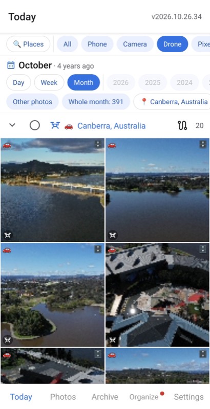 Today screen with drone photos from 4 years ago in Canberra